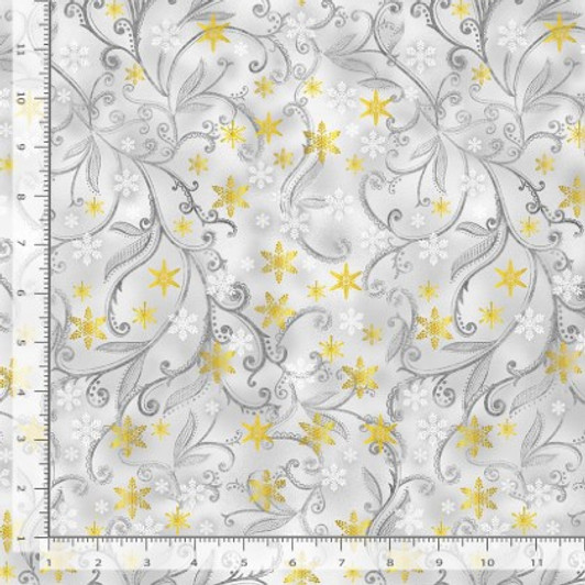 Timeless Treasures - Silver & Gold - Leafy Vines & Snowflakes, Dove