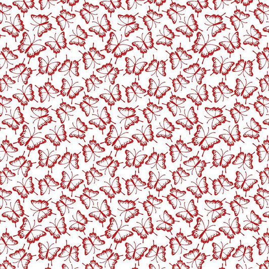 Timeless Treasures - Garden Redwork - Packed Butterflies, White