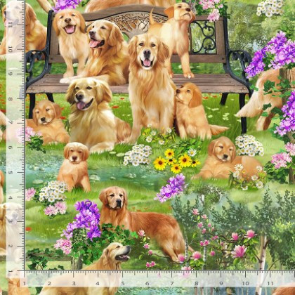 Timeless Treasures - Dogs - Golden Retreiver Park, Green