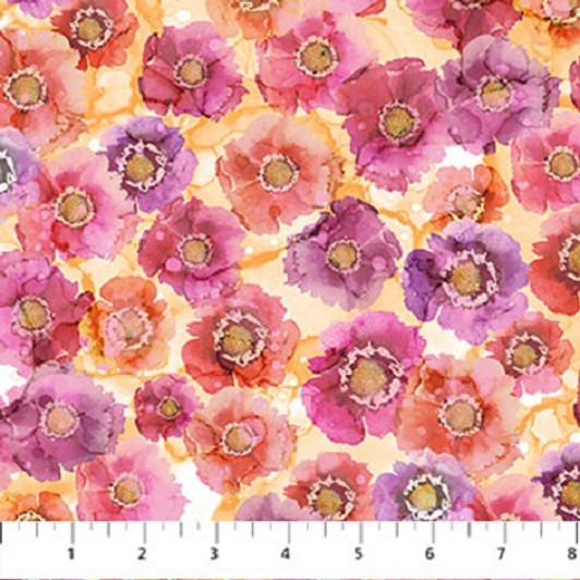 Northcott - Dragonfly Dance - Watercolor Flowers, Pink/Orange