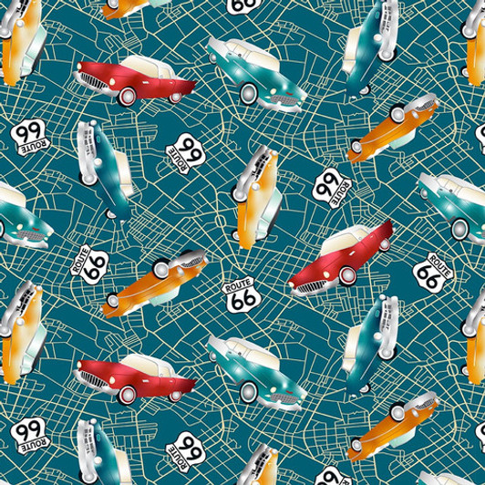 Blank Quilting - Cruisin' the Open Road - Retro Cars, Teal