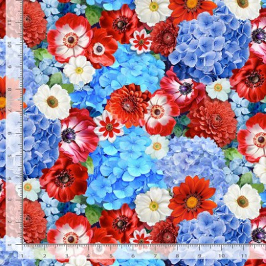Timeless Treasures - Stars & Stripes - Packed Floral, Red White Blue
