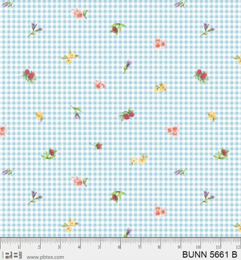 P & B Textiles - Bunnies & Blooms - Floral Gingham, Blue