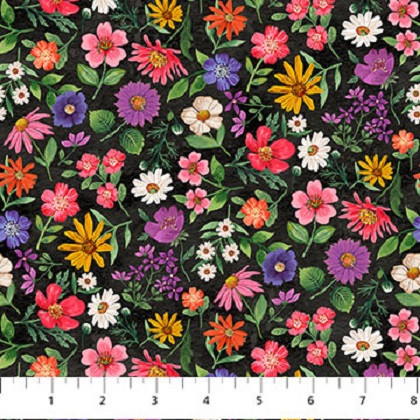 Northcott - Hide and Seek - Floral Toss, Black