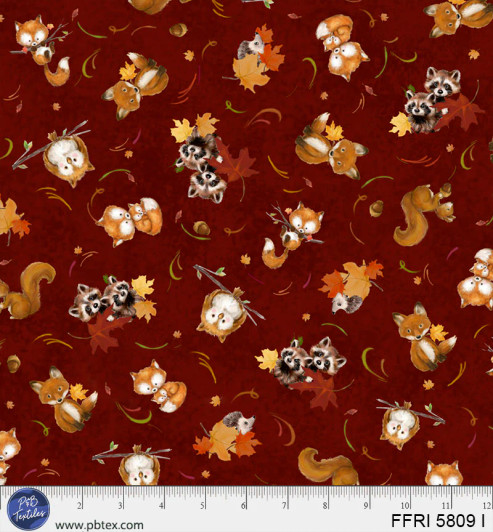 P & B Textiles - Fall Friends - Tossed Forest Friends, Maroon