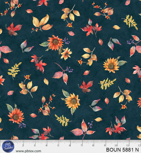 P & B Textiles - Bountiful - Tossed Fall Flowers, Navy