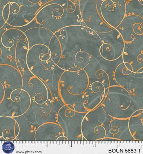 P & B Textiles - Bountiful - Golden Scroll, Teal