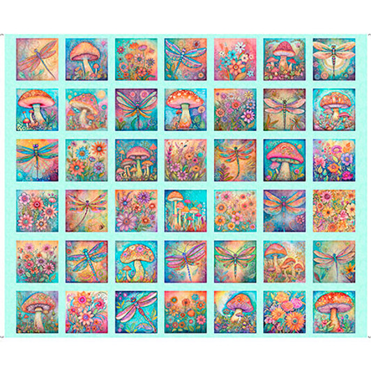Quilting Treasures - Spring Bling - 36" Butterfly, Floral & Mushroom Panel, Aqua