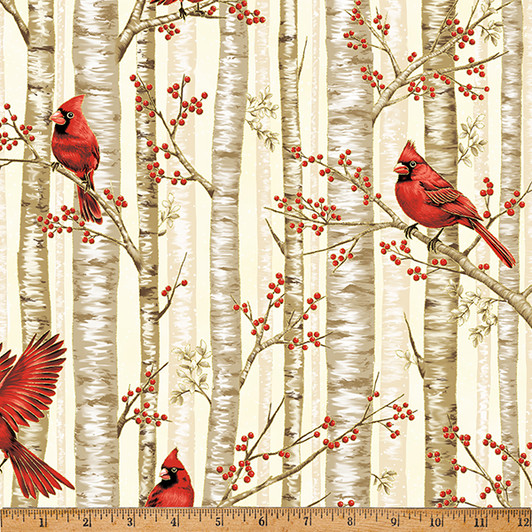 Hoffman California - Berries & Birch - Cardinal in Trees, Cream/Gold
