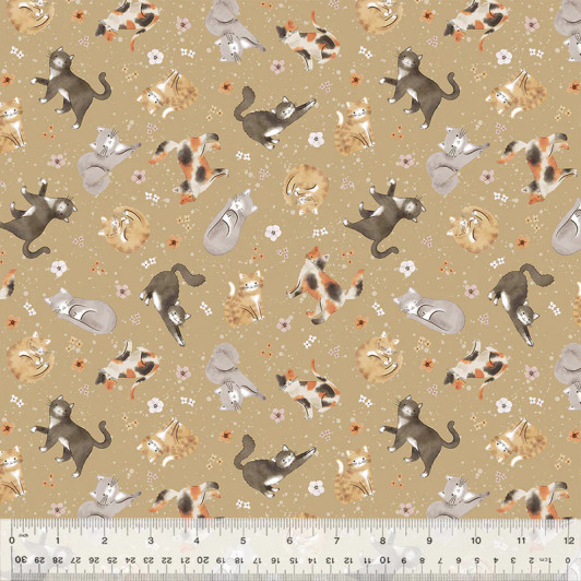 Windham Fabrics - Petal and Purr - Feline Friends, Taupe