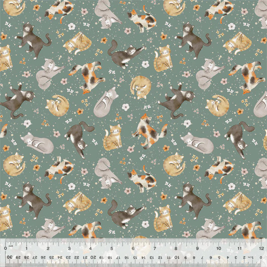 Windham Fabrics - Petal and Purr - Feline Friends, Sage