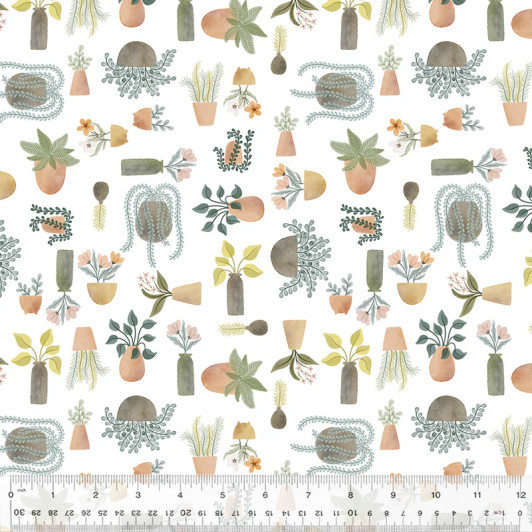Windham Fabrics - Petal and Purr - Potted Plants, White