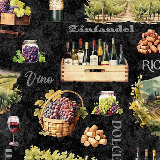 Quilting Treasures - Cork & Barrel - Wine Motifs and Regions, Charcoal