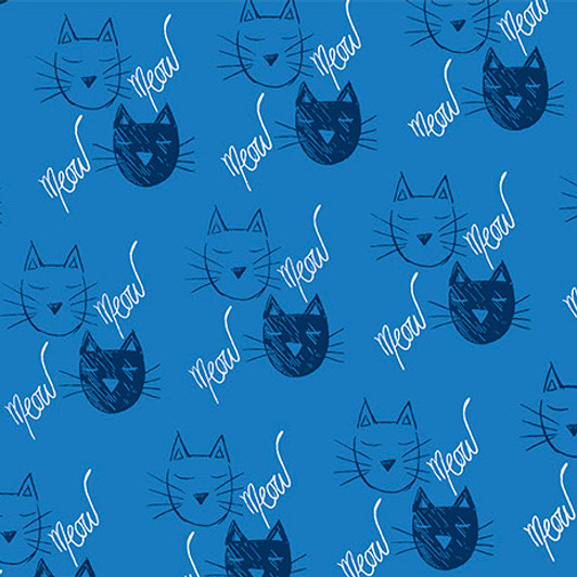 Quilting Treasures - Meow Meow Meow - Cat Faces, Medium Blue