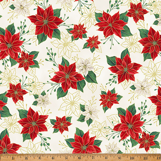 Hoffman California - Blooming Holidays - Red & White Poinettias, Natural/Gold