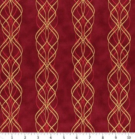 Hoffman California - Blooming Holidays - Ornate Wavy Stripes, Scarlet/Gold