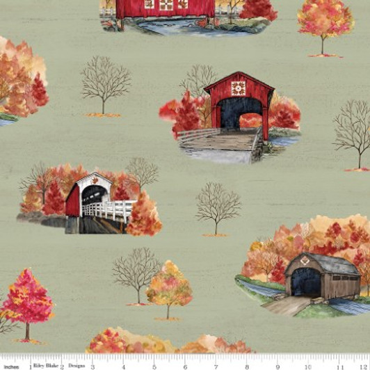Riley Blake - Covered Bridges in Fall - Main Print, Sage