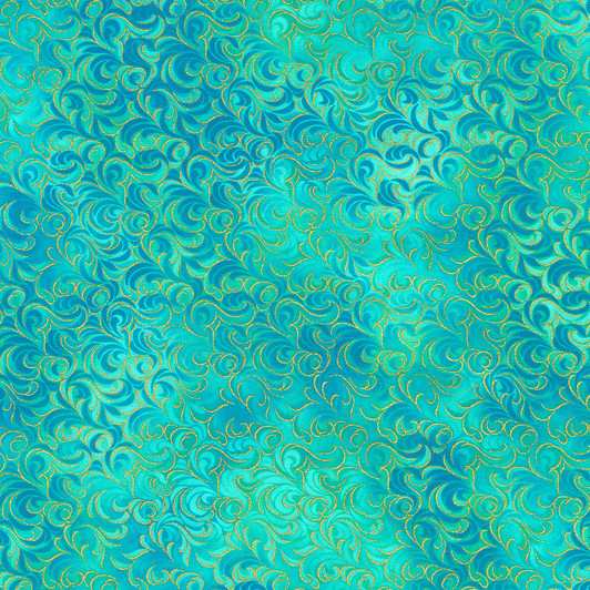 Robert Kaufman - Mixed Metallics - Gold Metallic Swirls, Aqua