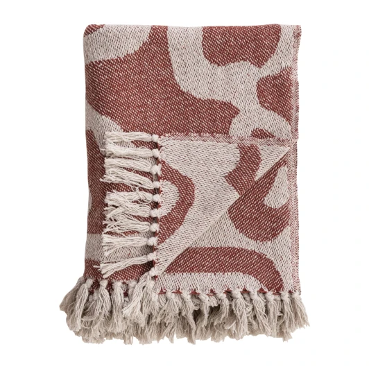 Woven Recycled Cotton Blend Jacquard Throw w/ Abstract Pattern & Fringe, Natural & Brown