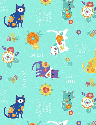 Wilmington Prints - Fe-line Frisky - Large All Over, Teal