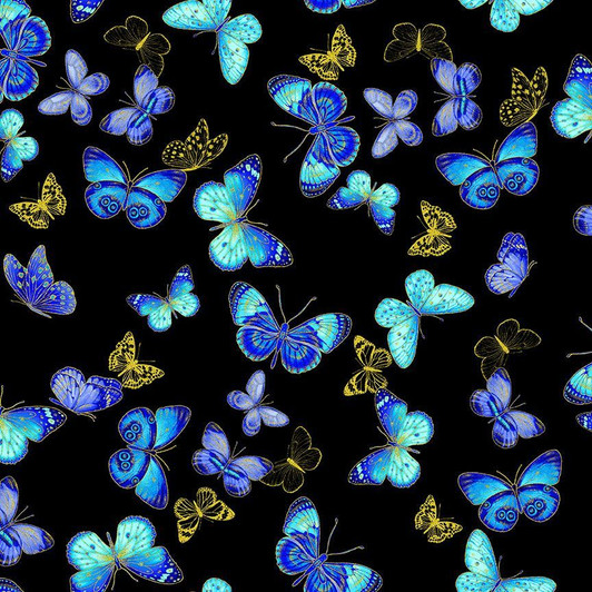 Timeless Treasures - Escapade - Flying Butterflies, Black