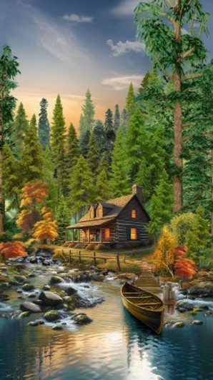 Timeless Treasures - Woodland Retreat - 24" Cabin Scenic Panel - Multi