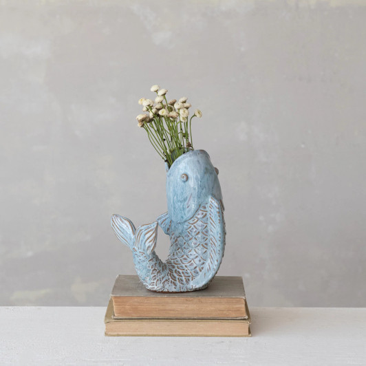Stoneware Fish Shaped Vase, Reactive Glaze