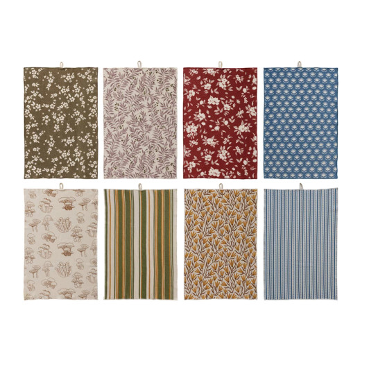 Cotton Printed Terry Cloth Tea Towel With Pattern/Stripes & Stitched Edge (8 Styles)