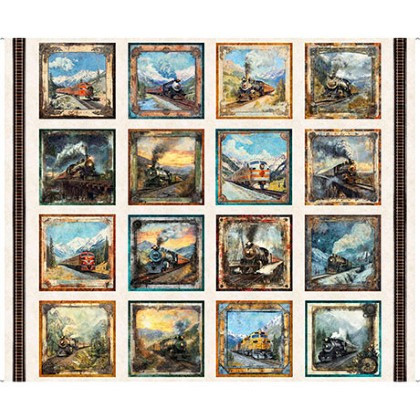 Quilting Treasures - Steam & Steel - 36" Train Picture Patches, Pearl