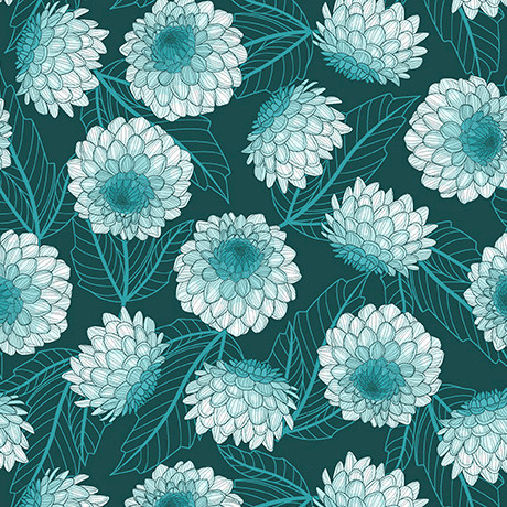 Quilting Treasures - Dahlias At Dusk - Dahlias, Dark Teal