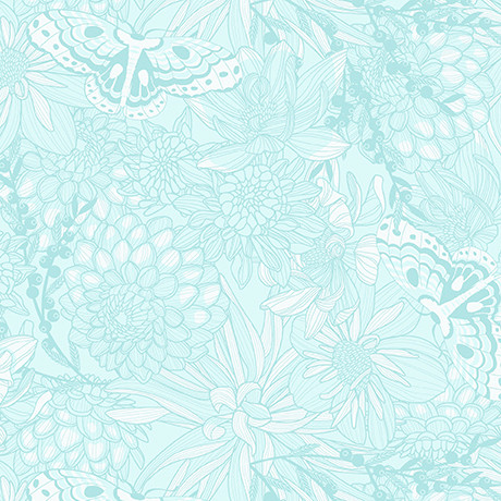 Quilting Treasures - Dahlias At Dusk - Tonal Floral & Butterflies, Light Aqua