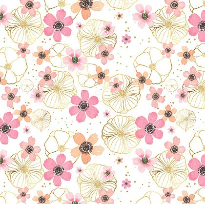 Wilmington Prints - Peony Blossoms - Flowers & Gold, White