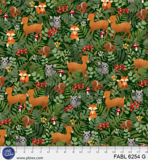 P & B Textiles - Fablewood - Woodland Creature Packed Allover, Green