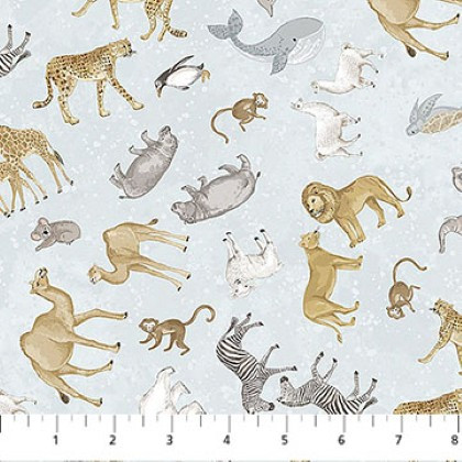 Northcott - Two By Two - Small Animals Tossed, Pale Blue