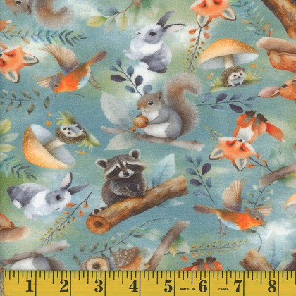 Mook - 60"Stretch Minky - Forest Critters - Twig & Tumble, Aqua