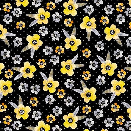 Quilting Treasures - Blissful Blooms - Flower Heads, Black
