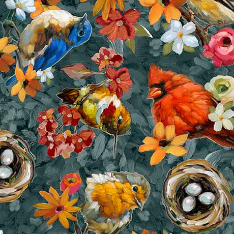 Quilting Treasures - Joyful Garden - Bird Toss, Dark Teal