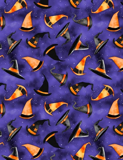Wilmington Prints - Spooky Tails - Witches Hats, Purple