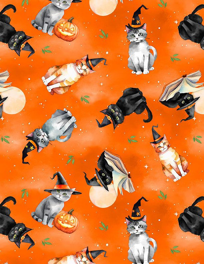 Wilmington Prints - Spooky Tails - Tossed Cats, Orange