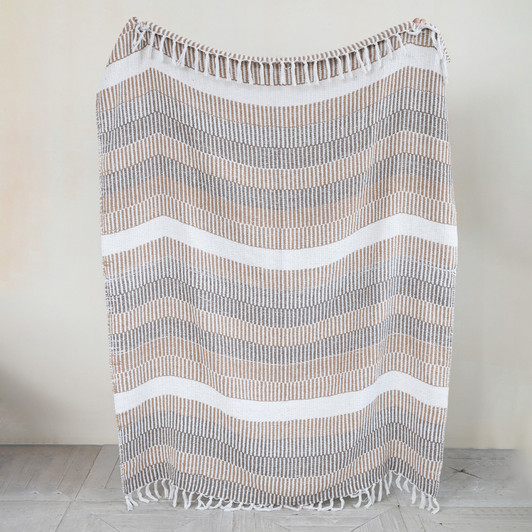Woven Recycled Cotton Blend Throw with Stripes & Fringe