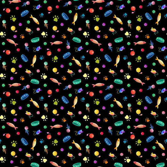 Timeless Treasures - Cats - Cat Toys and Paws, Black