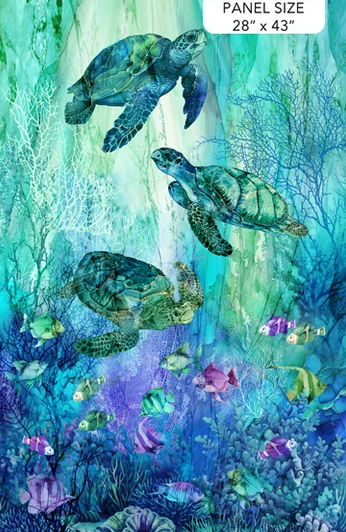 Northcott - Coral Reef - 28" Turtle Panel, Turquoise