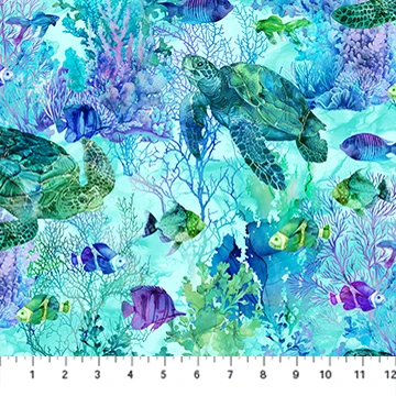 Northcott - Coral Reef - Turtle & Fish, Turquoise