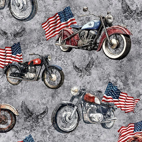 Quilting Treasures - Stars, Stripes & Steel - Motorcycles & Flags, Steel