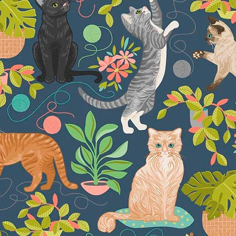 Quilting Treasures - Curious Kittycats - Ctas & Plants, Dark Blue