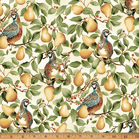 Hoffman California - In A Pear Tree - Pears & Birds, Cream/Gold
