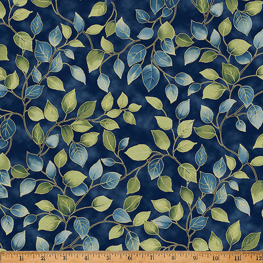 Hoffman California - In A Pear Tree - Green & Blue Leaves, Navy/Gold