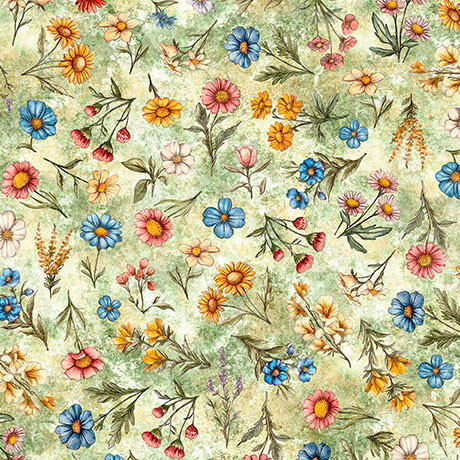 Quilting Treasures - Lil Farmers - Floral Toss, Light Green