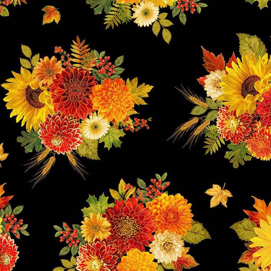 Timeless Treasures - Give Thanks - Flower Bouquets, Black