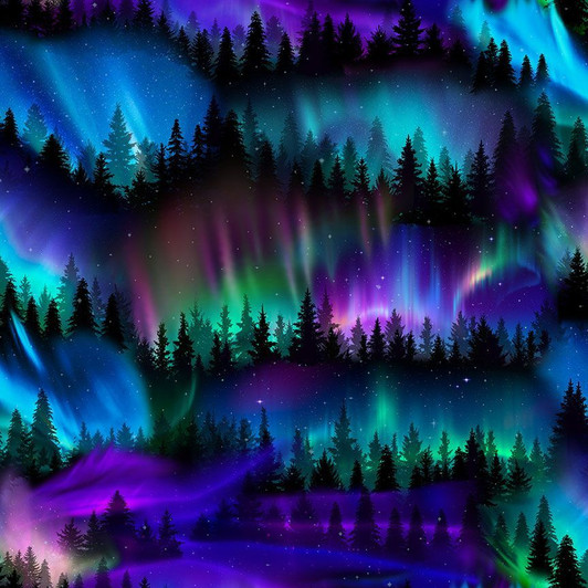 Timeless Treasures - Aurora - Trees & Aurora Borealis, Multi